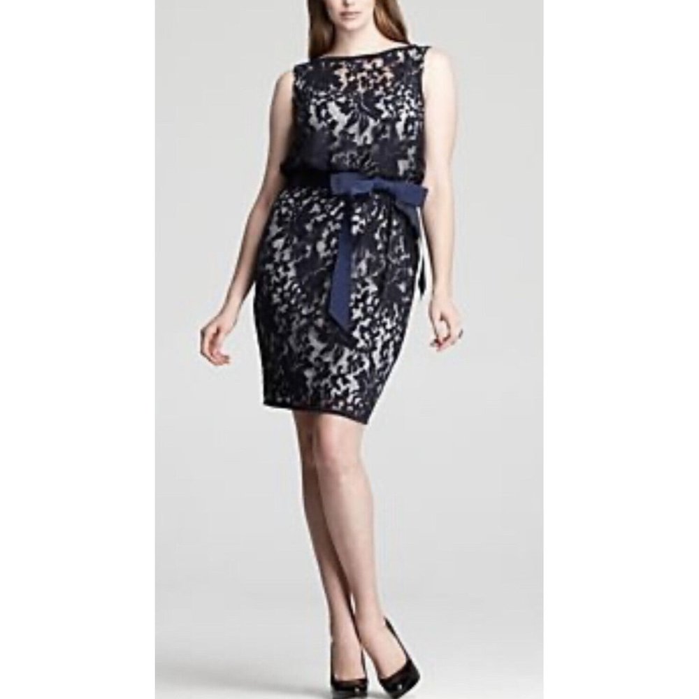 Tadashi Shoji Women’s Blue Lace Overlay Ruched Bow Sheath Dress Sz 6